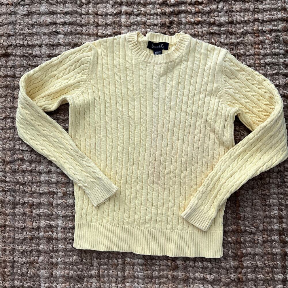 Vintage Denim & Co Butter Yellow Cable Knit Cotton Sweater Made Japan M